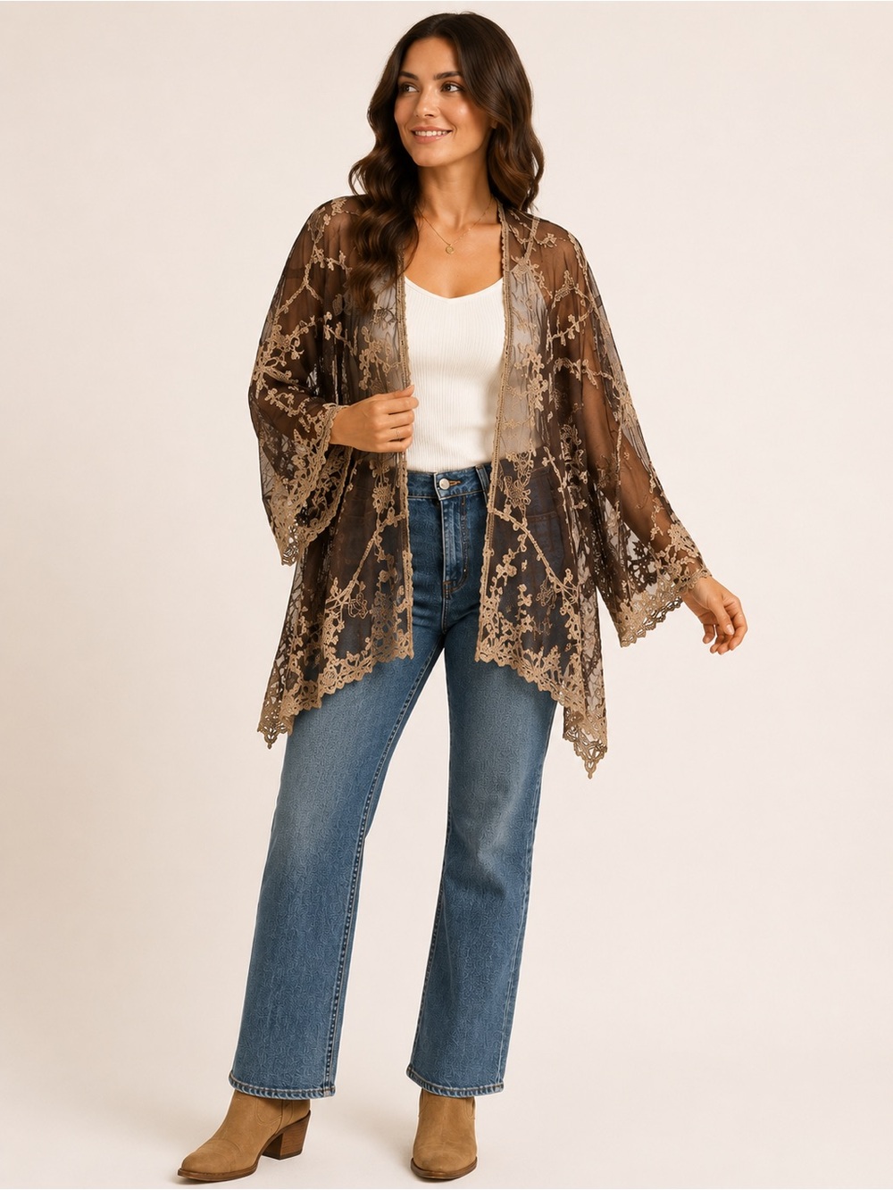 Angel Heart XXXL Brown Embroidered Lace Mesh Boho Kimono Duster Cardigan